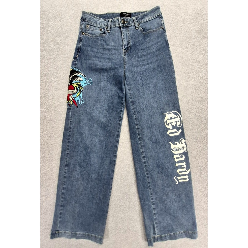 Ed Hardy Jeans Womens 26 Blue Wide Leg Y2K Tattoo Eagle Graphic Denim